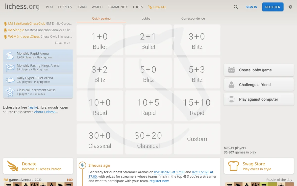 Lichess as it appears in the browser