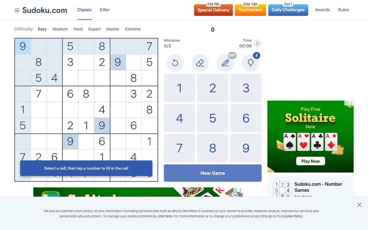 Sudoku.com as it appears in the browser